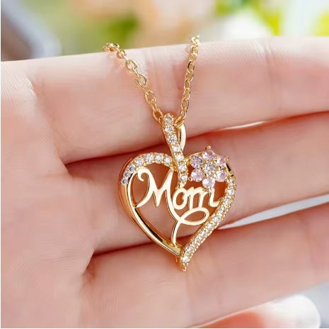 Mom Heart Pendant Necklace with Rose Gift Box