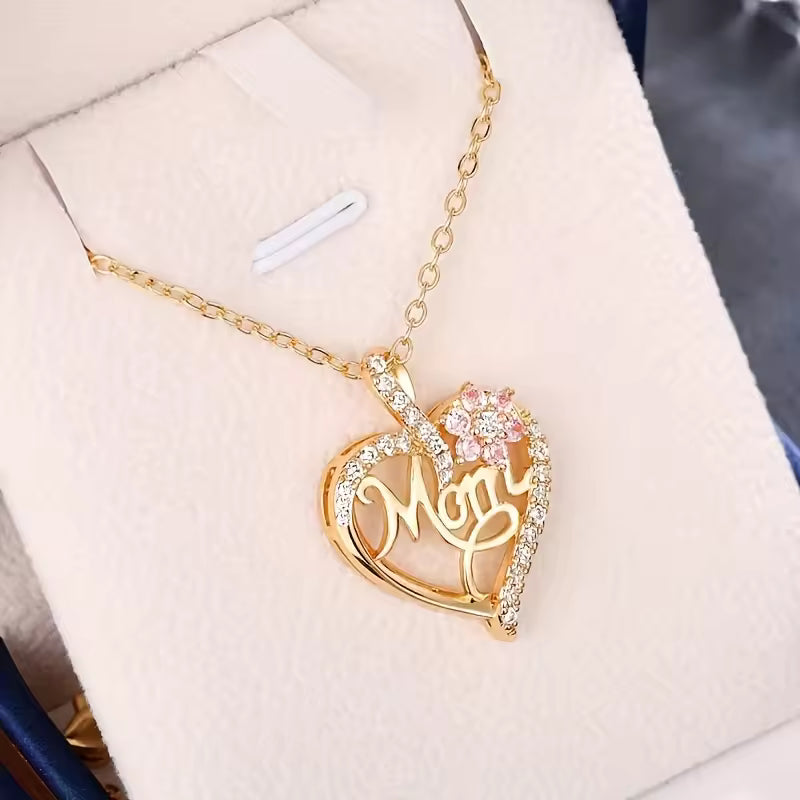 Mom Heart Pendant Necklace with Rose Gift Box