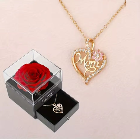 Mom Heart Pendant Necklace with Rose Gift Box